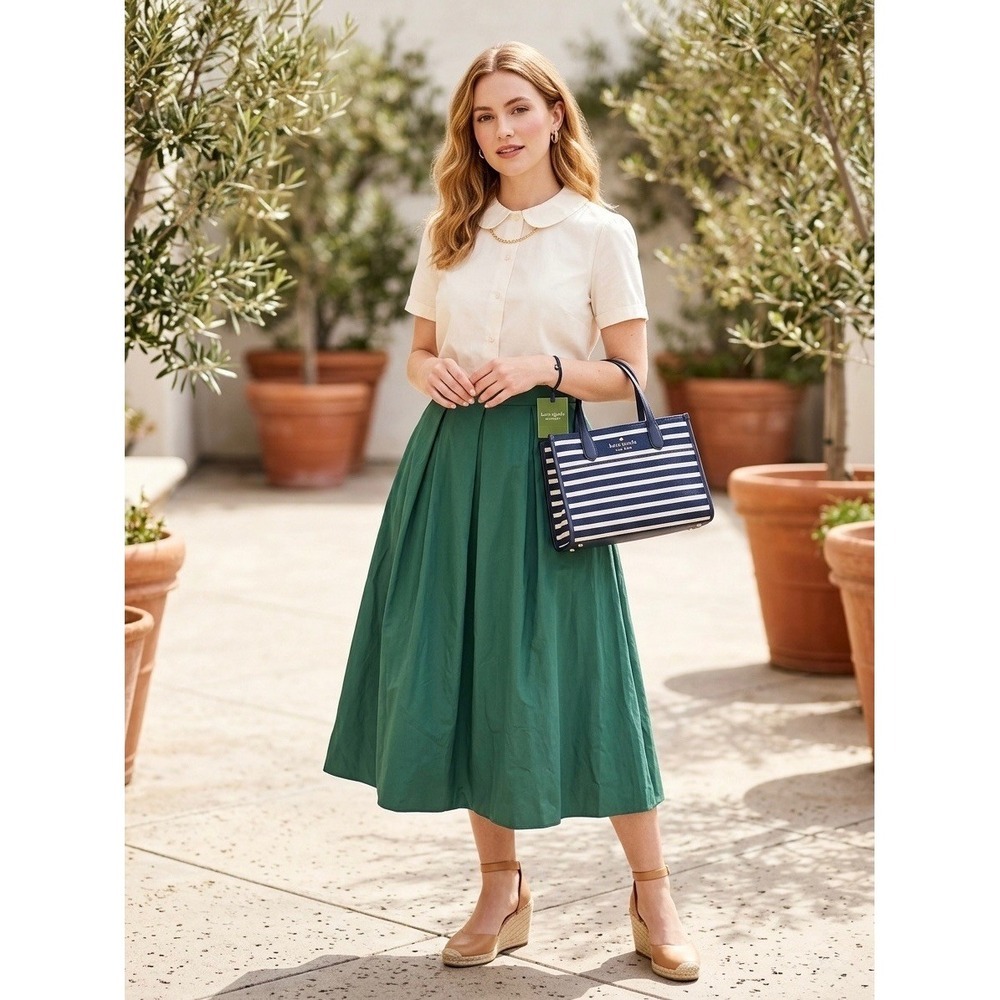 Kate Spade Saturday Forest Green Pleated Midi Skirt Pockets Size 6